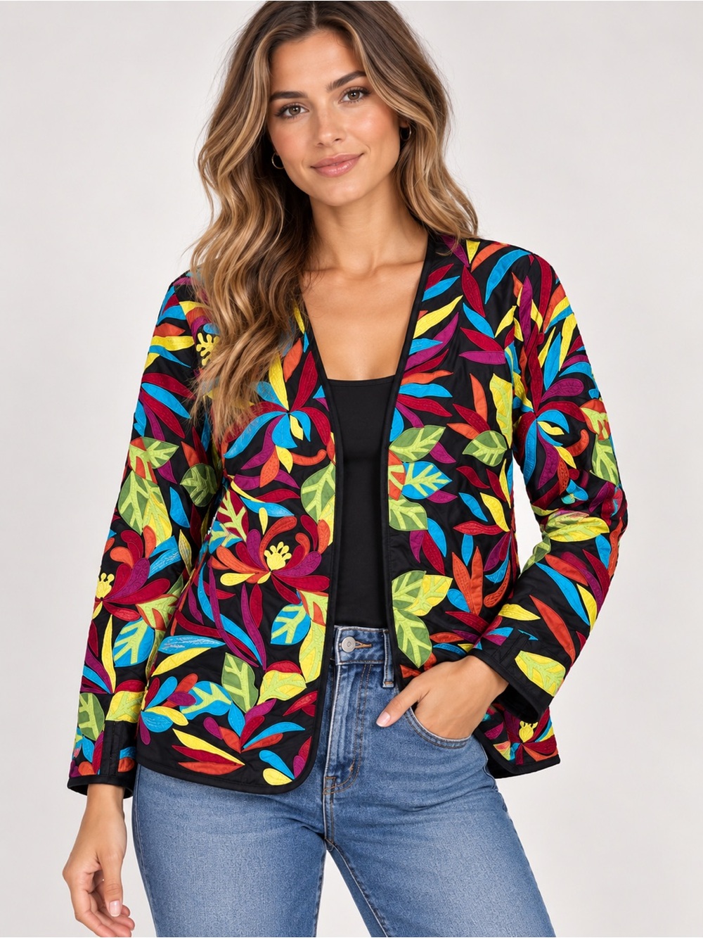 Chico's Women’s 2 Multicolor Embroidered Silk Floral Hook & Eye Short Jacket Art